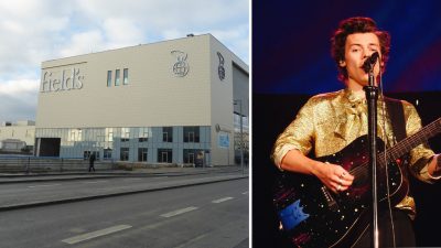 Bilder på köpcentrumet Field's och på Harry Styles när han sjunger iklädd en guldig blus.